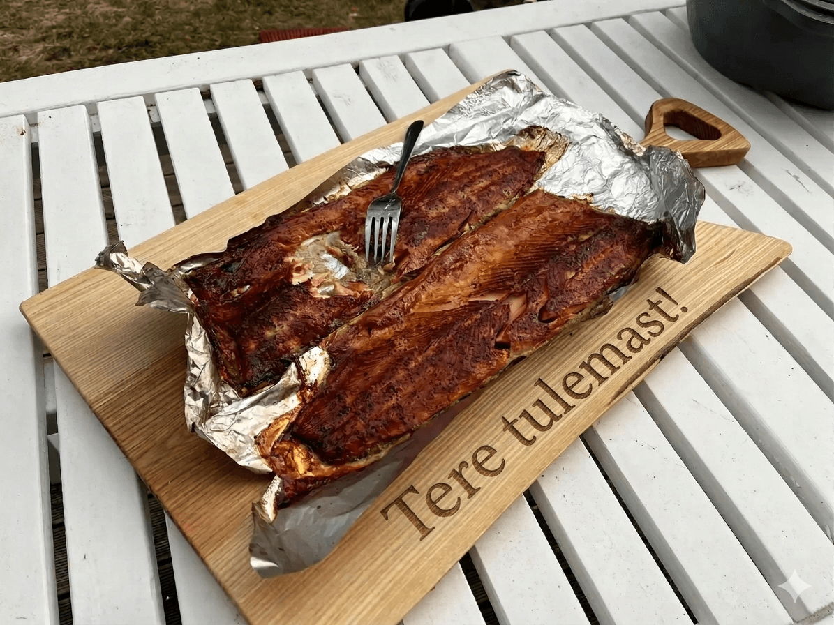 Saarepuidust serveerimisalus küpsetatud lõhega valgel terrassilaual. Puidule on graveeritud eestikeelne tervitus 'Tere tulemast!